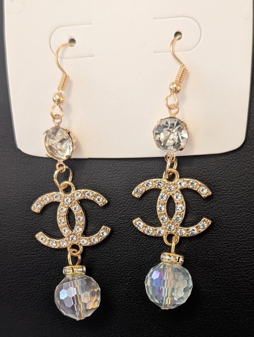 Gold Crystal Logo Drop Earrings with Iridescent Beads - Picture 2 of 2